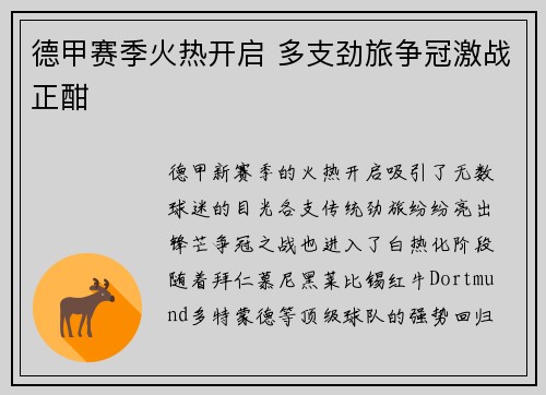 德甲赛季火热开启 多支劲旅争冠激战正酣