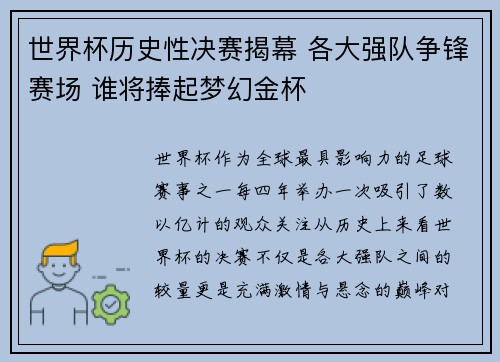 世界杯历史性决赛揭幕 各大强队争锋赛场 谁将捧起梦幻金杯