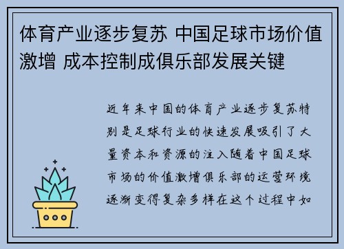 体育产业逐步复苏 中国足球市场价值激增 成本控制成俱乐部发展关键