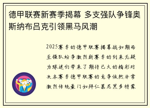 德甲联赛新赛季揭幕 多支强队争锋奥斯纳布吕克引领黑马风潮